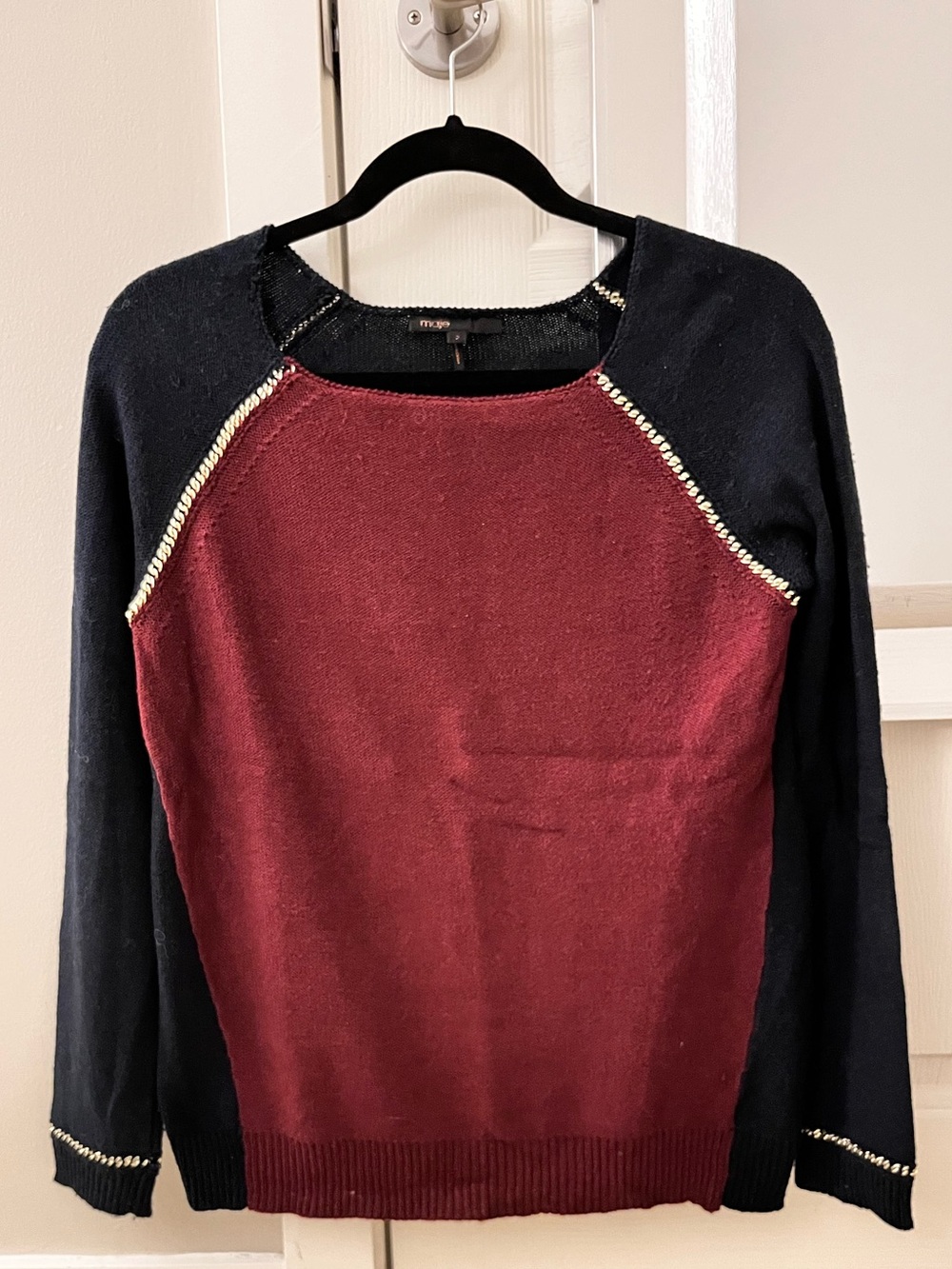 Maje Burgundy and Navy Wool Blend Sweater (Size 2 FR | Medium US)